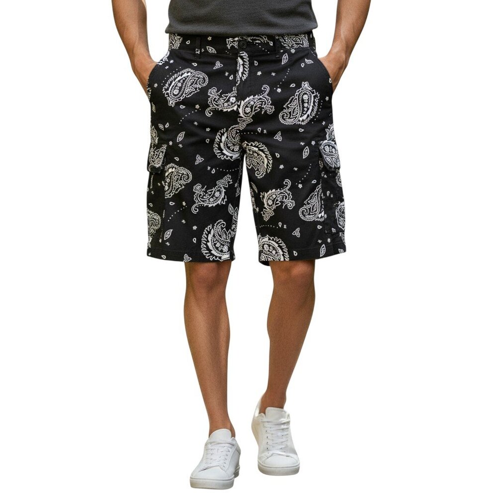 Henry & William Cargo Shorts Mens 38 Black White Paisley Bandana Print